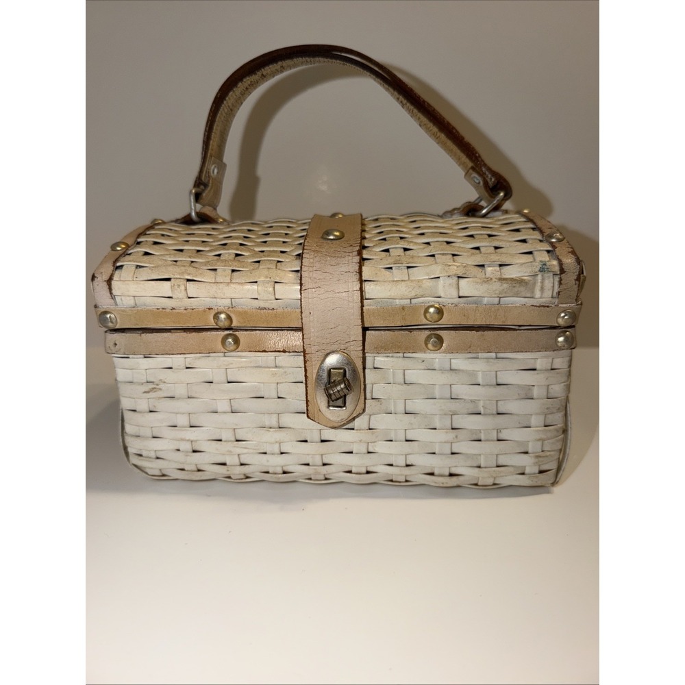 Vtg 1950s Wicker Vinyl Purse Handbag Made In British Hong Kong